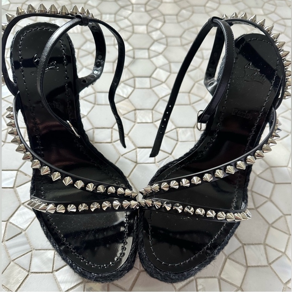 Christian Louboutin Mafaldina Zeppa 120 Black Spiked Wedge Sandals 38 NEW $895 - Picture 8 of 13